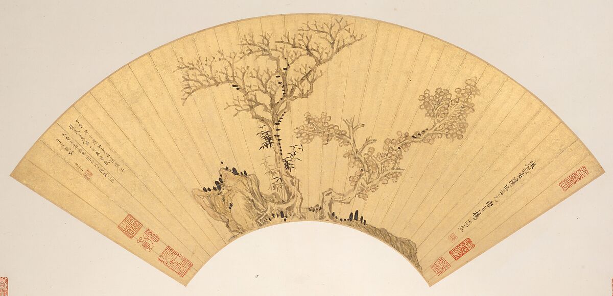 Landscapes and Flowers, Chen Hongshou (Chinese, 1598/99–1652), Twelve folding fans mounted as album leaves; ink and color on gold paper, China