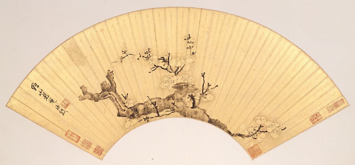 Landscapes and Flowers, Chen Hongshou (Chinese, 1598/99–1652), Twelve folding fans mounted as album leaves; ink and color on gold paper, China