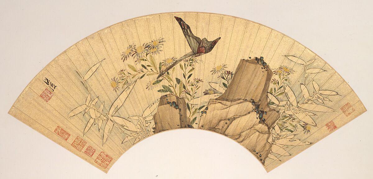 Landscapes and Flowers, Chen Hongshou (Chinese, 1598/99–1652), Twelve folding fans mounted as album leaves; ink and color on gold paper, China