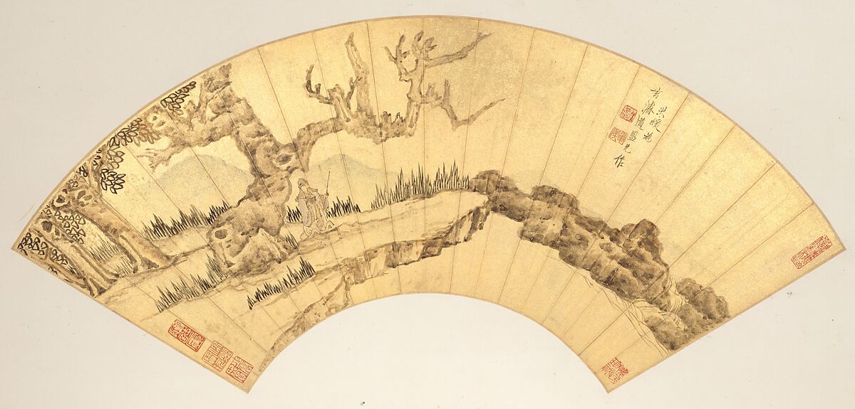 Landscapes and Flowers, Chen Hongshou (Chinese, 1598/99–1652), Twelve folding fans mounted as album leaves; ink and color on gold paper, China