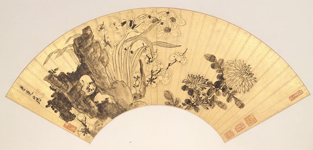 Landscapes and Flowers, Chen Hongshou (Chinese, 1598/99–1652), Twelve folding fans mounted as album leaves; ink and color on gold paper, China