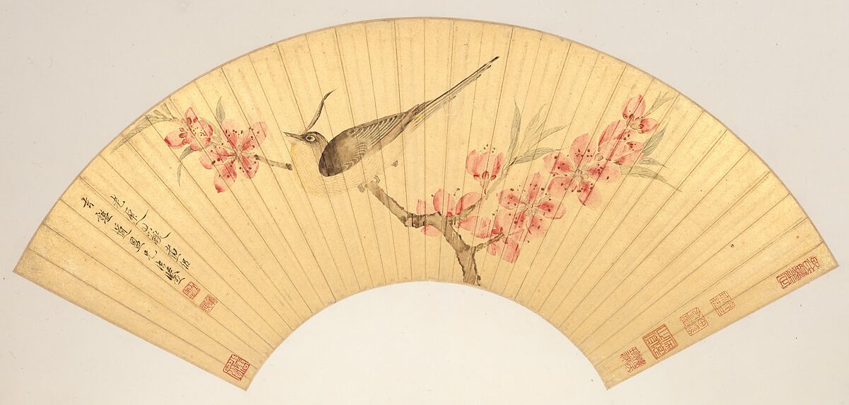 Landscapes and Flowers, Chen Hongshou (Chinese, 1598/99–1652), Twelve folding fans mounted as album leaves; ink and color on gold paper, China