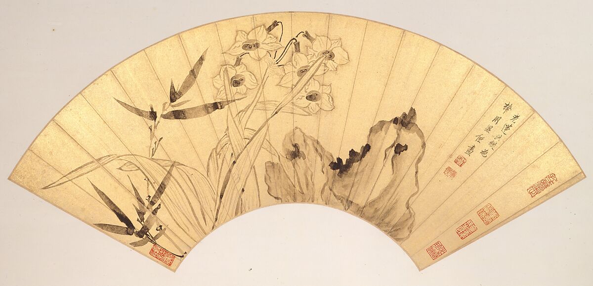 Landscapes and Flowers, Chen Hongshou (Chinese, 1598/99–1652), Twelve folding fans mounted as album leaves; ink and color on gold paper, China