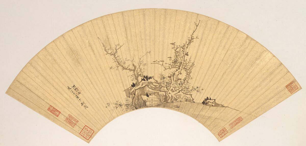 Landscapes and Flowers, Chen Hongshou (Chinese, 1598/99–1652), Twelve folding fans mounted as album leaves; ink and color on gold paper, China