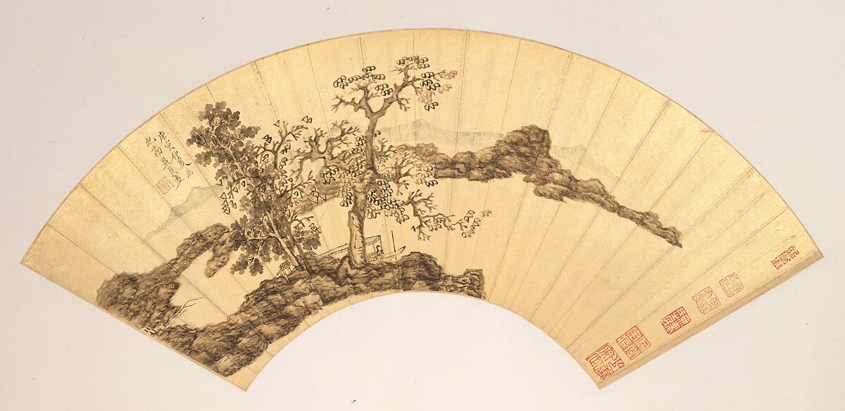 Landscapes and Flowers, Chen Hongshou (Chinese, 1598/99–1652), Twelve folding fans mounted as album leaves; ink and color on gold paper, China