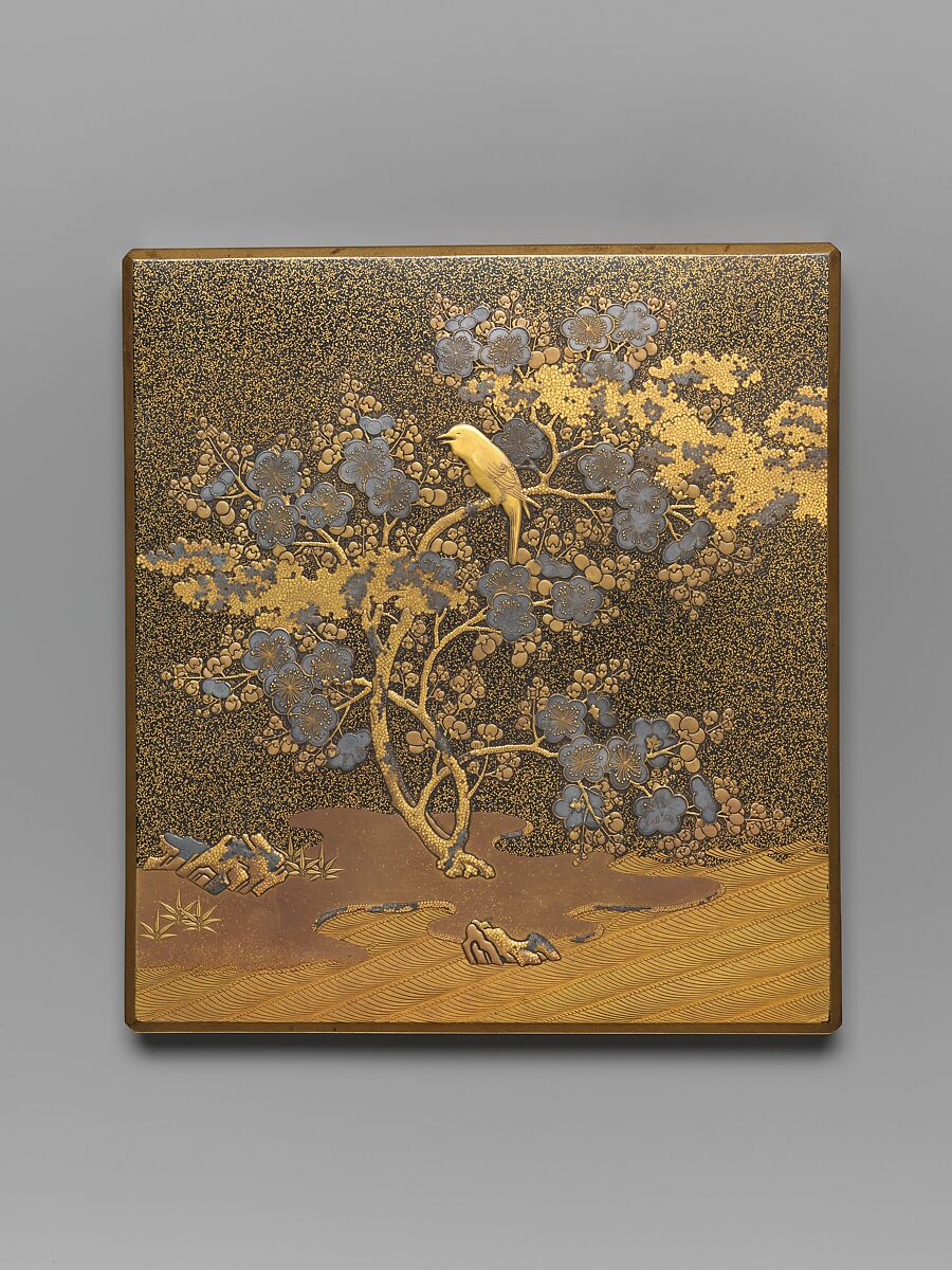 Writing Box with Warbler in Plum Tree, Lacquered wood with gold and silver takamaki-e, hiramaki-e, togidashimaki-e on nashiji ground, Japan
