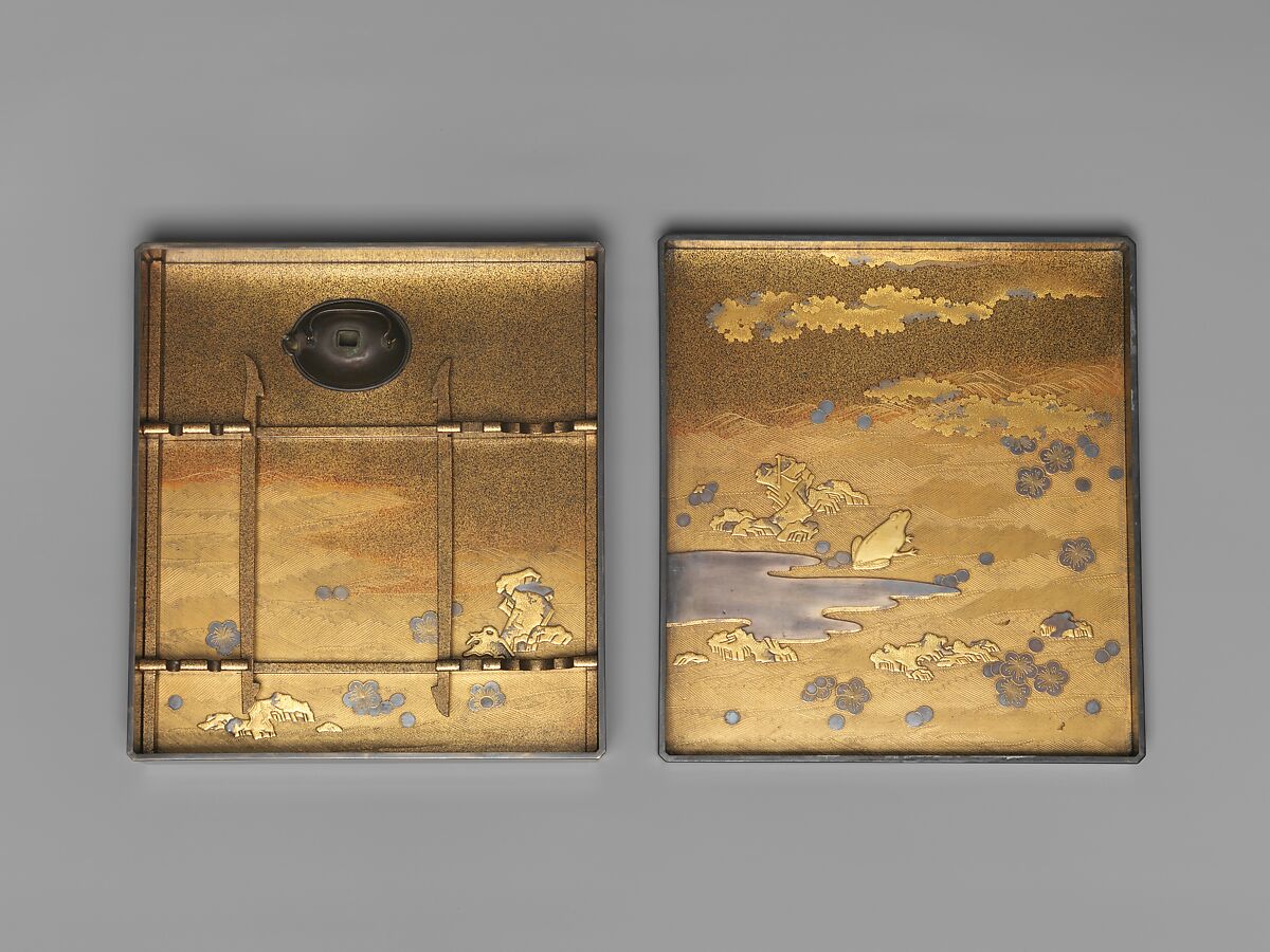 Writing Box with Warbler in Plum Tree, Lacquered wood with gold and silver takamaki-e, hiramaki-e, togidashimaki-e on nashiji ground, Japan