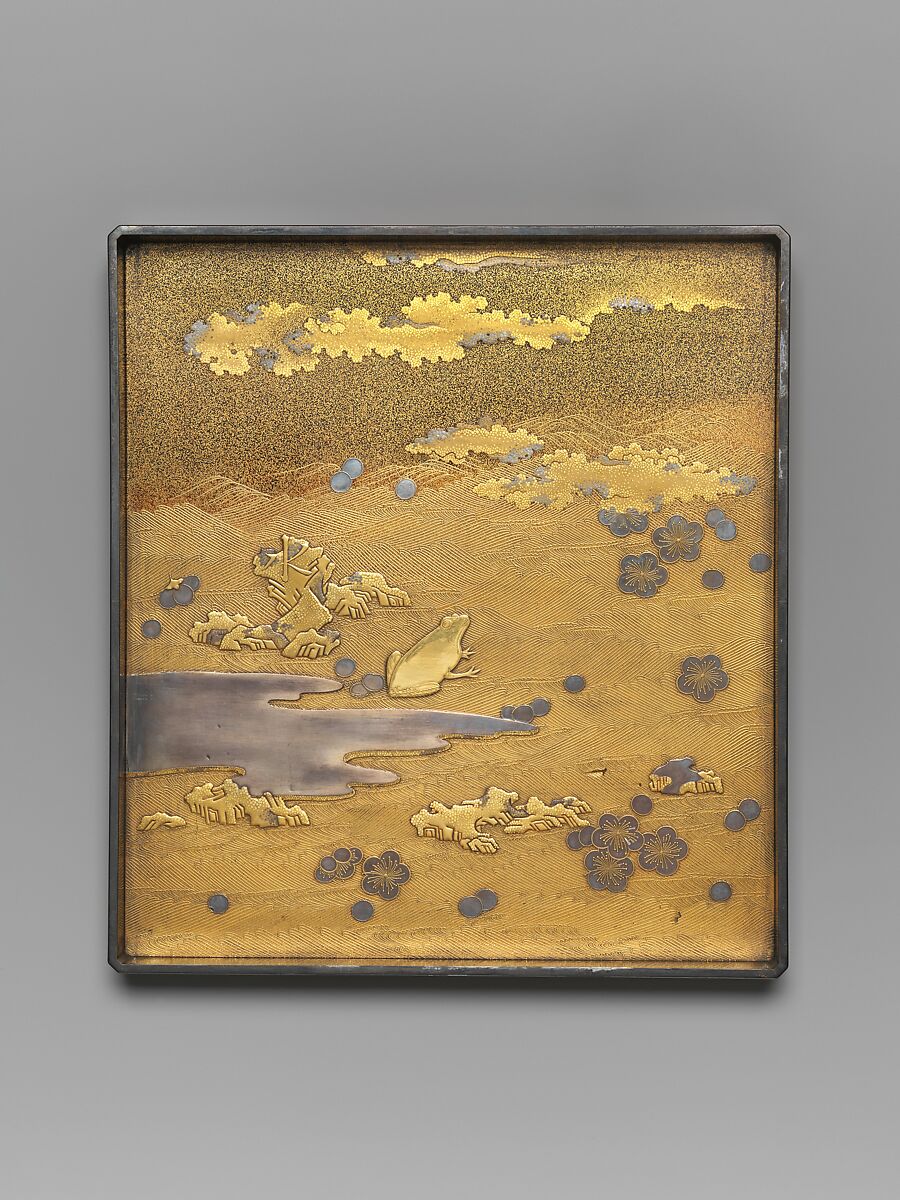 Writing Box with Warbler in Plum Tree, Lacquered wood with gold and silver takamaki-e, hiramaki-e, togidashimaki-e on nashiji ground, Japan