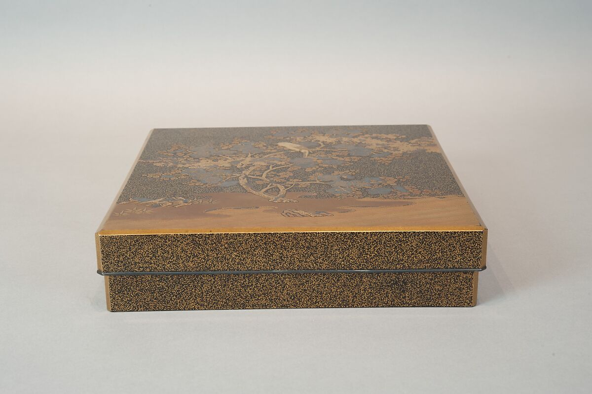 Writing Box with Warbler in Plum Tree, Lacquered wood with gold and silver takamaki-e, hiramaki-e, togidashimaki-e on nashiji ground, Japan