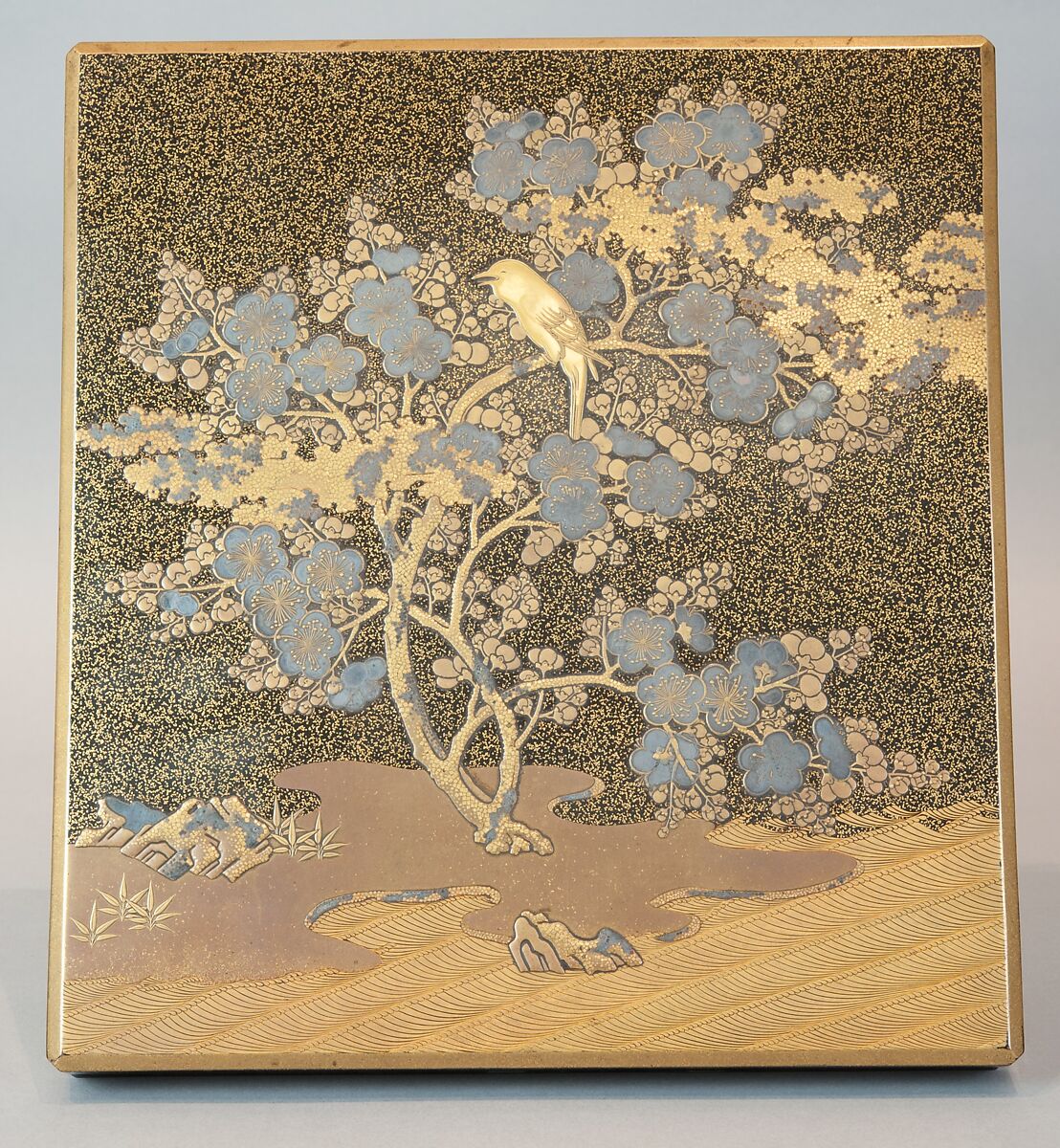 Writing Box with Warbler in Plum Tree, Lacquered wood with gold and silver takamaki-e, hiramaki-e, togidashimaki-e on nashiji ground, Japan