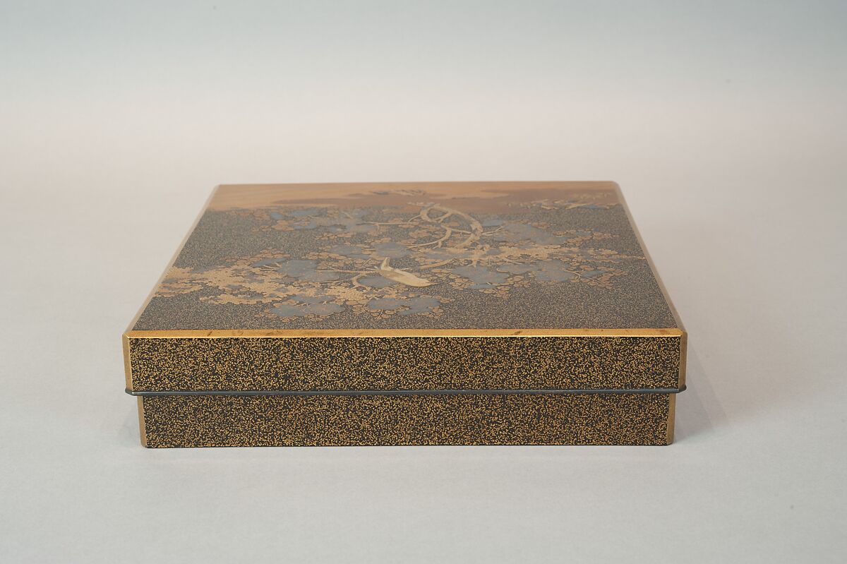 Writing Box with Warbler in Plum Tree, Lacquered wood with gold and silver takamaki-e, hiramaki-e, togidashimaki-e on nashiji ground, Japan