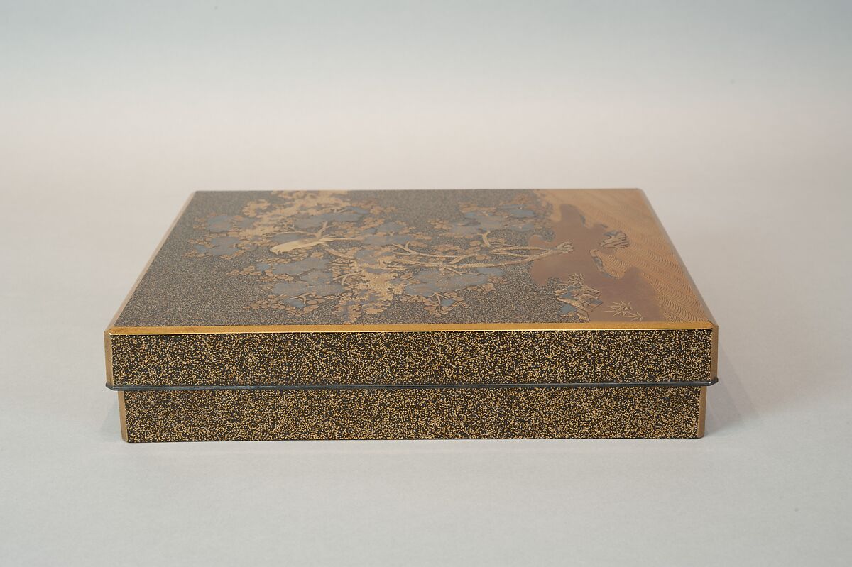 Writing Box with Warbler in Plum Tree, Lacquered wood with gold and silver takamaki-e, hiramaki-e, togidashimaki-e on nashiji ground, Japan