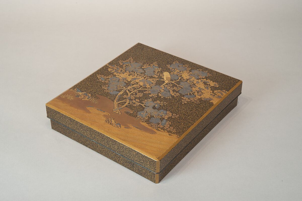 Writing Box with Warbler in Plum Tree, Lacquered wood with gold and silver takamaki-e, hiramaki-e, togidashimaki-e on nashiji ground, Japan