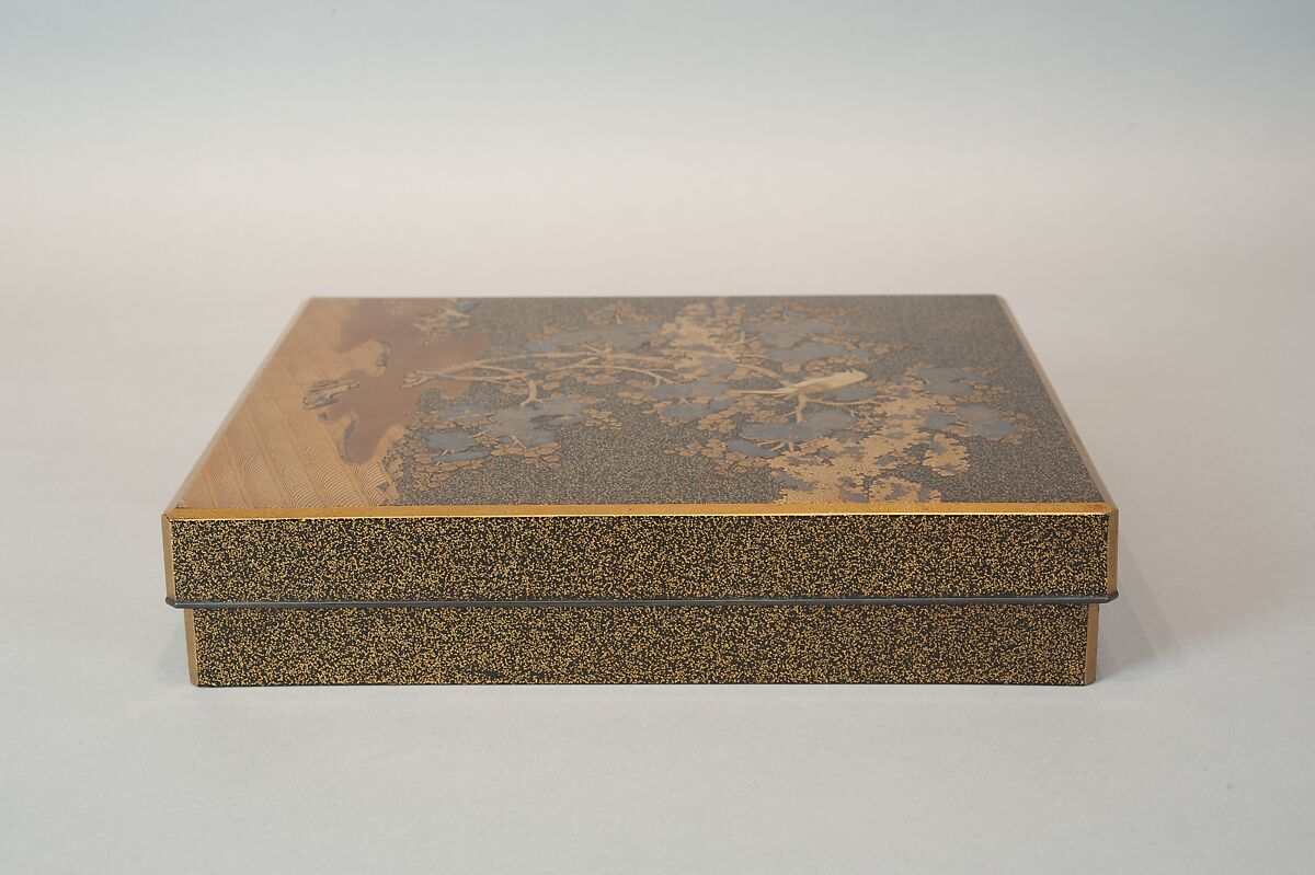 Writing Box with Warbler in Plum Tree, Lacquered wood with gold and silver takamaki-e, hiramaki-e, togidashimaki-e on nashiji ground, Japan