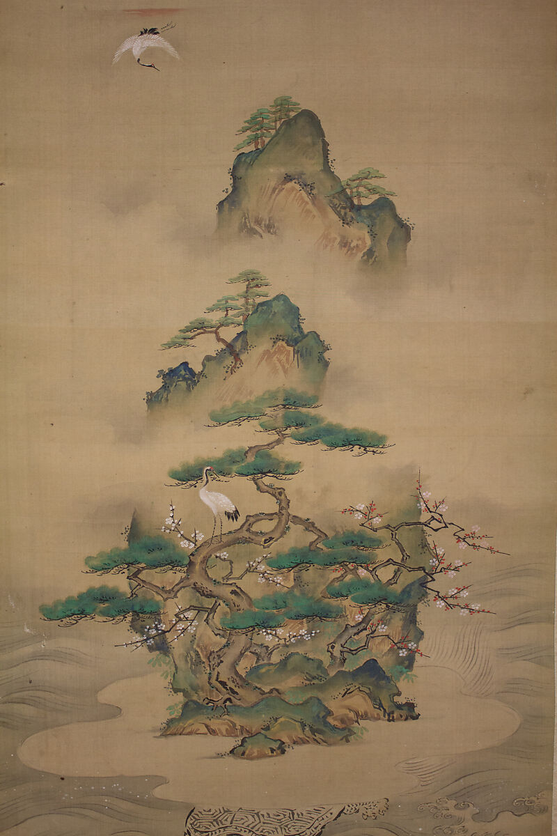 Mount Penglai with Eight Views of Xiao and Xiang, Kano Tansui Moritsune (active 19th century), One from a triptych of hanging scrolls; ink and color on silk, Japan