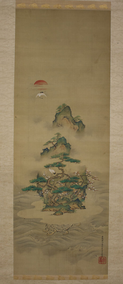 Mount Penglai with Eight Views of Xiao and Xiang, Kano Tansui Moritsune (active 19th century), One from a triptych of hanging scrolls; ink and color on silk, Japan