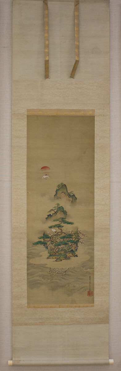 Mount Penglai with Eight Views of Xiao and Xiang, Kano Tansui Moritsune (active 19th century), One from a triptych of hanging scrolls; ink and color on silk, Japan