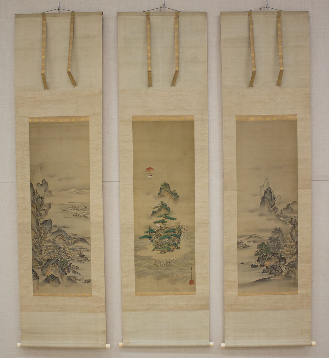 Mount Penglai with Eight Views of Xiao and Xiang, Kano Tansui Moritsune (active 19th century), One from a triptych of hanging scrolls; ink and color on silk, Japan