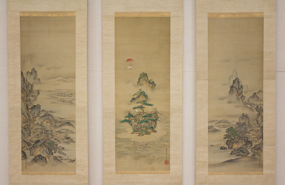 Mount Penglai with Eight Views of Xiao and Xiang, Kano Tansui Moritsune (active 19th century), One from a triptych of hanging scrolls; ink and color on silk, Japan