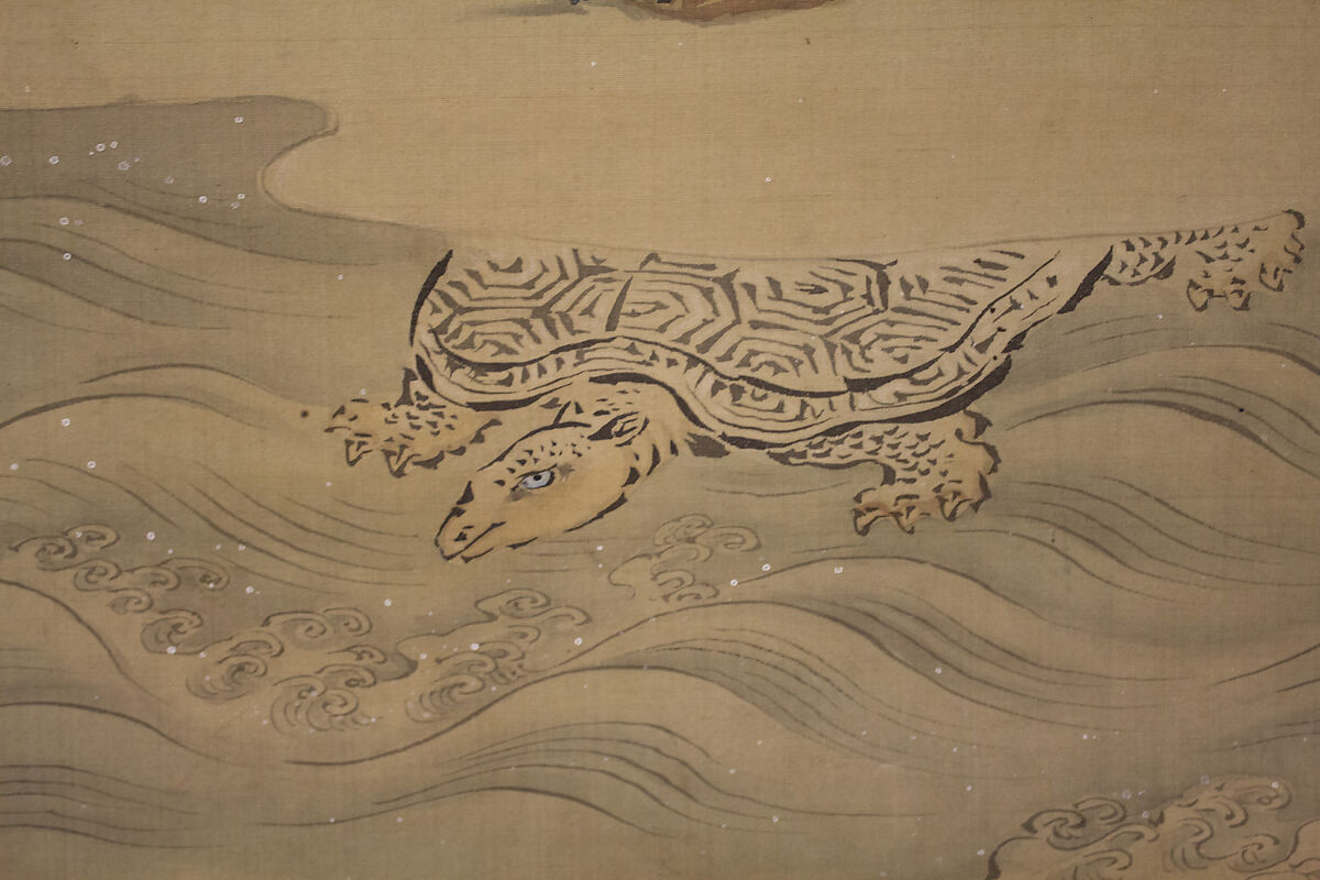 Mount Penglai with Eight Views of Xiao and Xiang, Kano Tansui Moritsune (active 19th century), One from a triptych of hanging scrolls; ink and color on silk, Japan