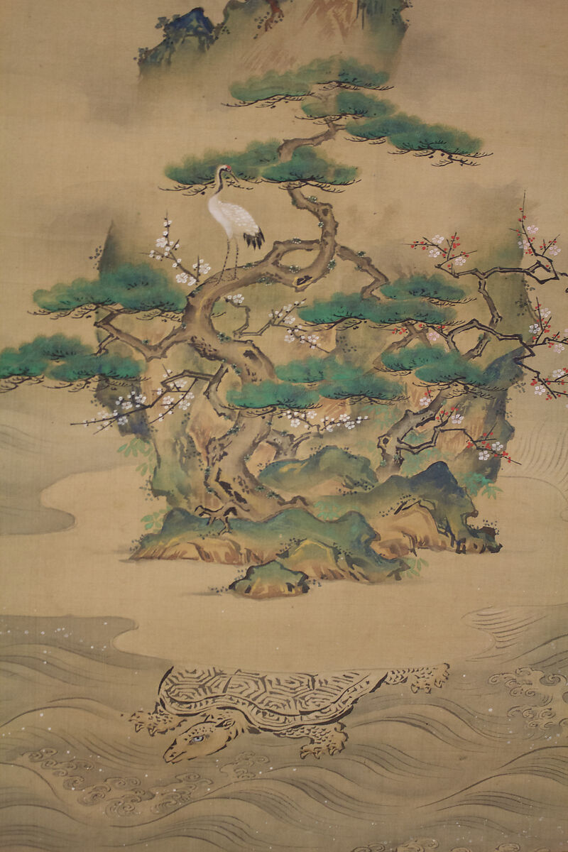 Mount Penglai with Eight Views of Xiao and Xiang, Kano Tansui Moritsune (active 19th century), One from a triptych of hanging scrolls; ink and color on silk, Japan