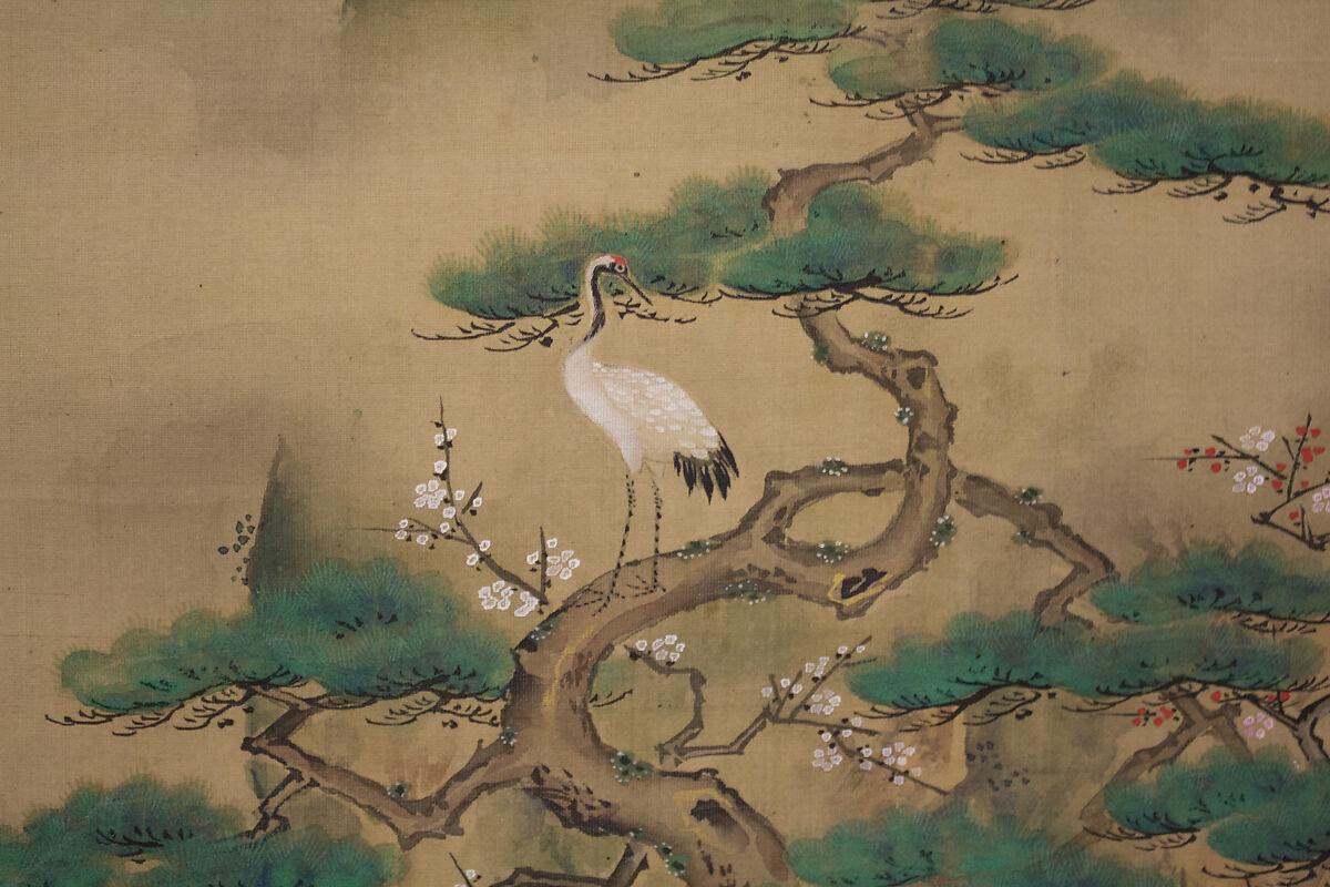 Mount Penglai with Eight Views of Xiao and Xiang, Kano Tansui Moritsune (active 19th century), One from a triptych of hanging scrolls; ink and color on silk, Japan