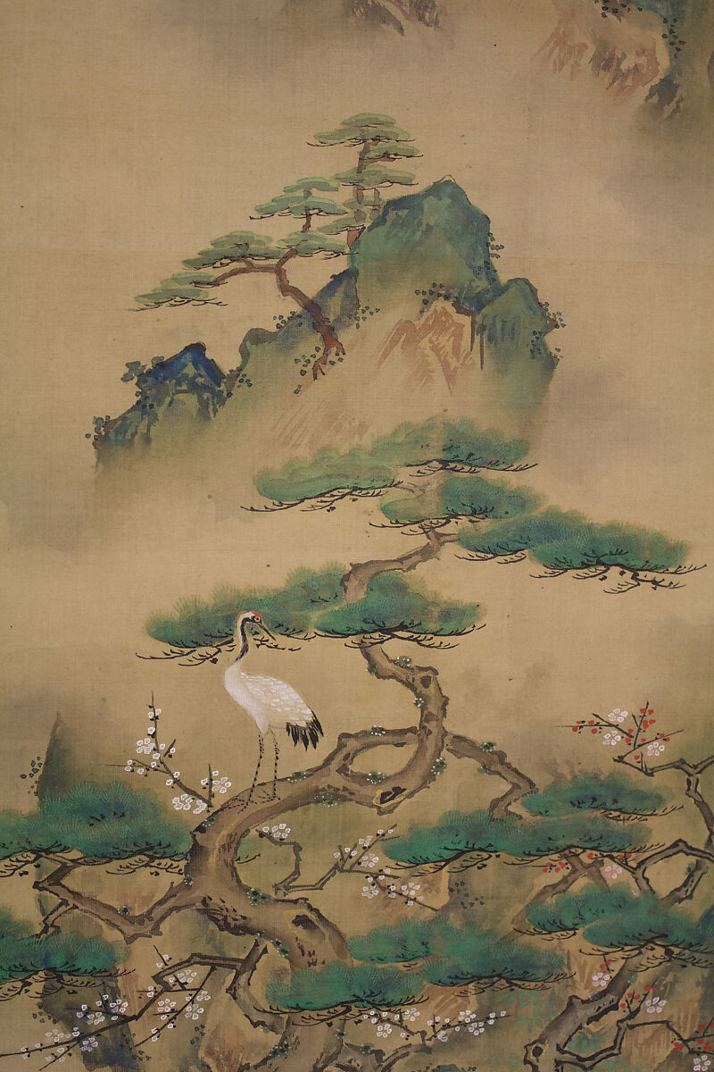 Mount Penglai with Eight Views of Xiao and Xiang, Kano Tansui Moritsune (active 19th century), One from a triptych of hanging scrolls; ink and color on silk, Japan