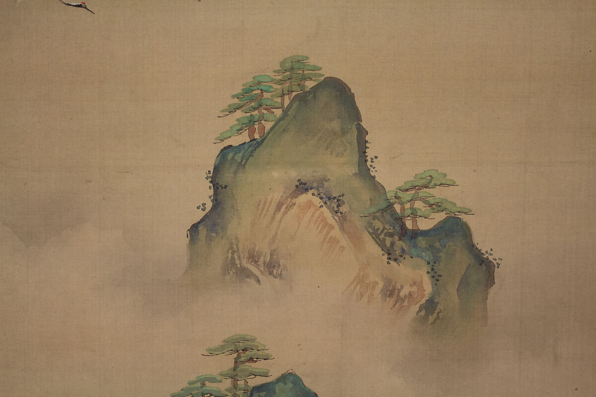 Mount Penglai with Eight Views of Xiao and Xiang, Kano Tansui Moritsune (active 19th century), One from a triptych of hanging scrolls; ink and color on silk, Japan