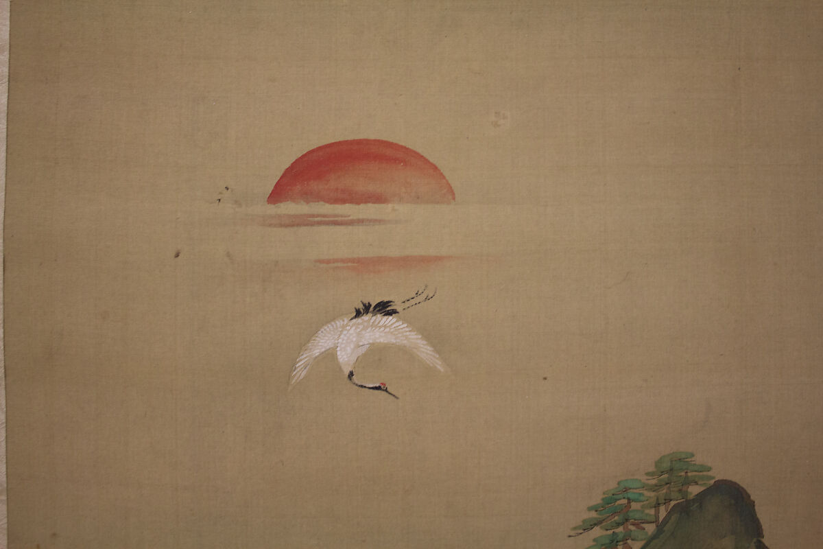 Mount Penglai with Eight Views of Xiao and Xiang, Kano Tansui Moritsune (active 19th century), One from a triptych of hanging scrolls; ink and color on silk, Japan