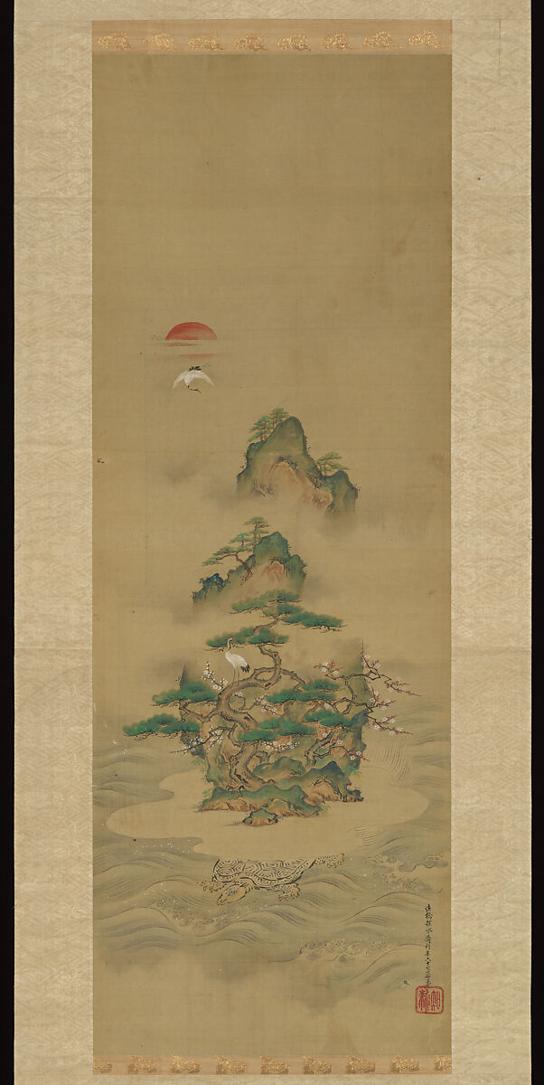 Mount Penglai with Eight Views of Xiao and Xiang, Kano Tansui Moritsune  Japanese, One from a triptych of hanging scrolls; ink and color on silk, Japan