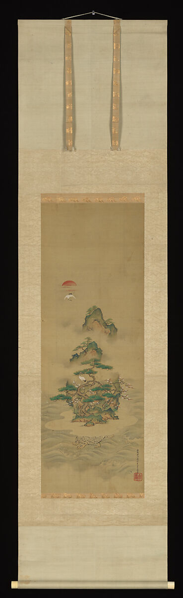 Mount Penglai with Eight Views of Xiao and Xiang, Kano Tansui Moritsune (active 19th century), One from a triptych of hanging scrolls; ink and color on silk, Japan