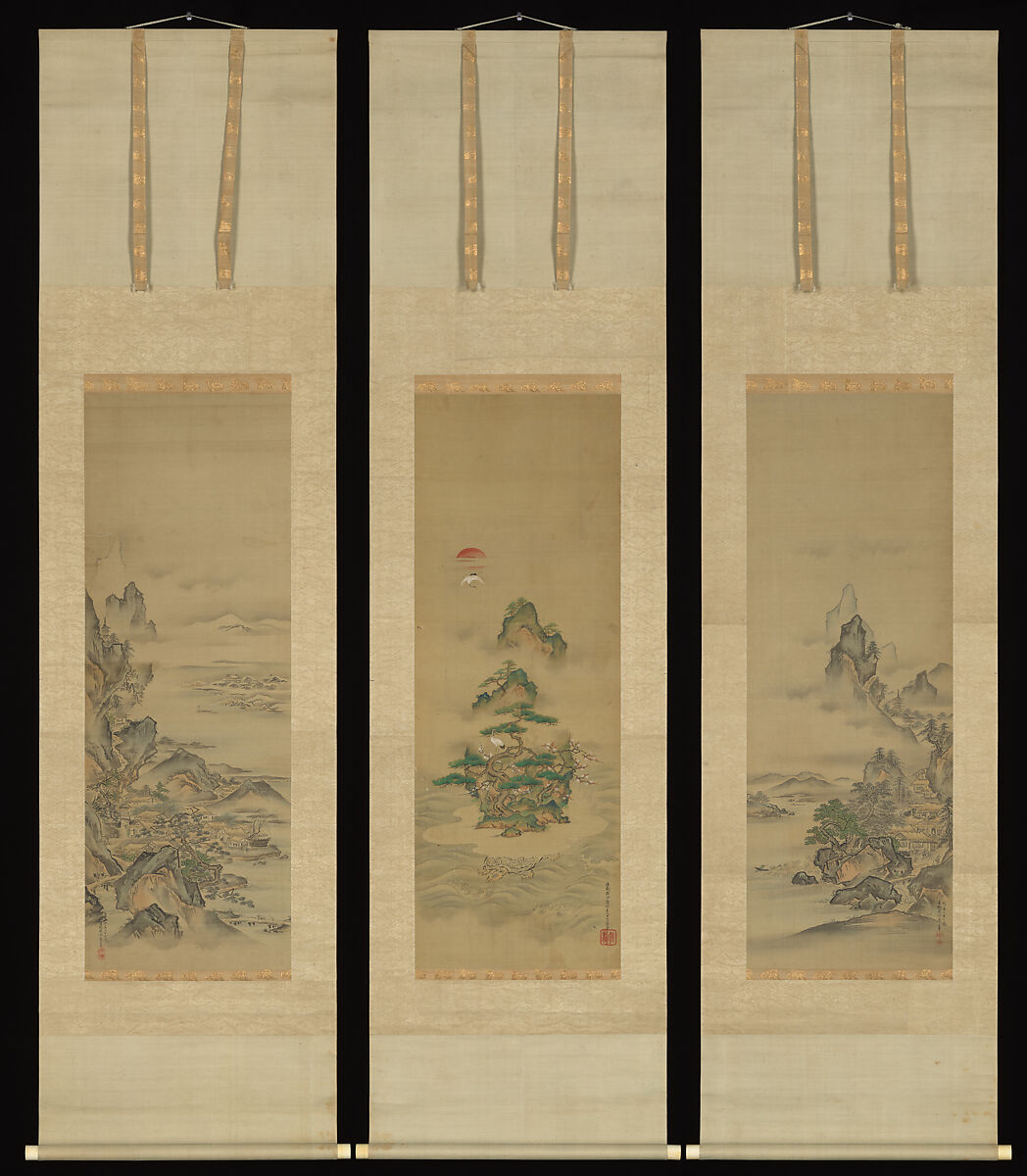 Mount Penglai with Eight Views of Xiao and Xiang, Kano Tansui Moritsune (active 19th century), One from a triptych of hanging scrolls; ink and color on silk, Japan