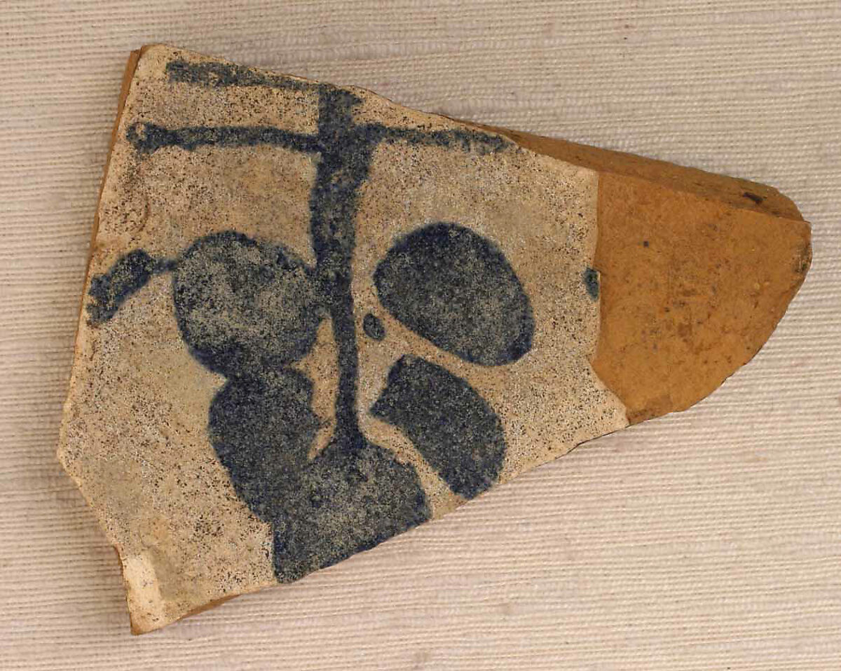 Fragment of an Open Vessel with Blue Palmette on White, Earthenware; in-glaze painted in blue on opaque white glaze 