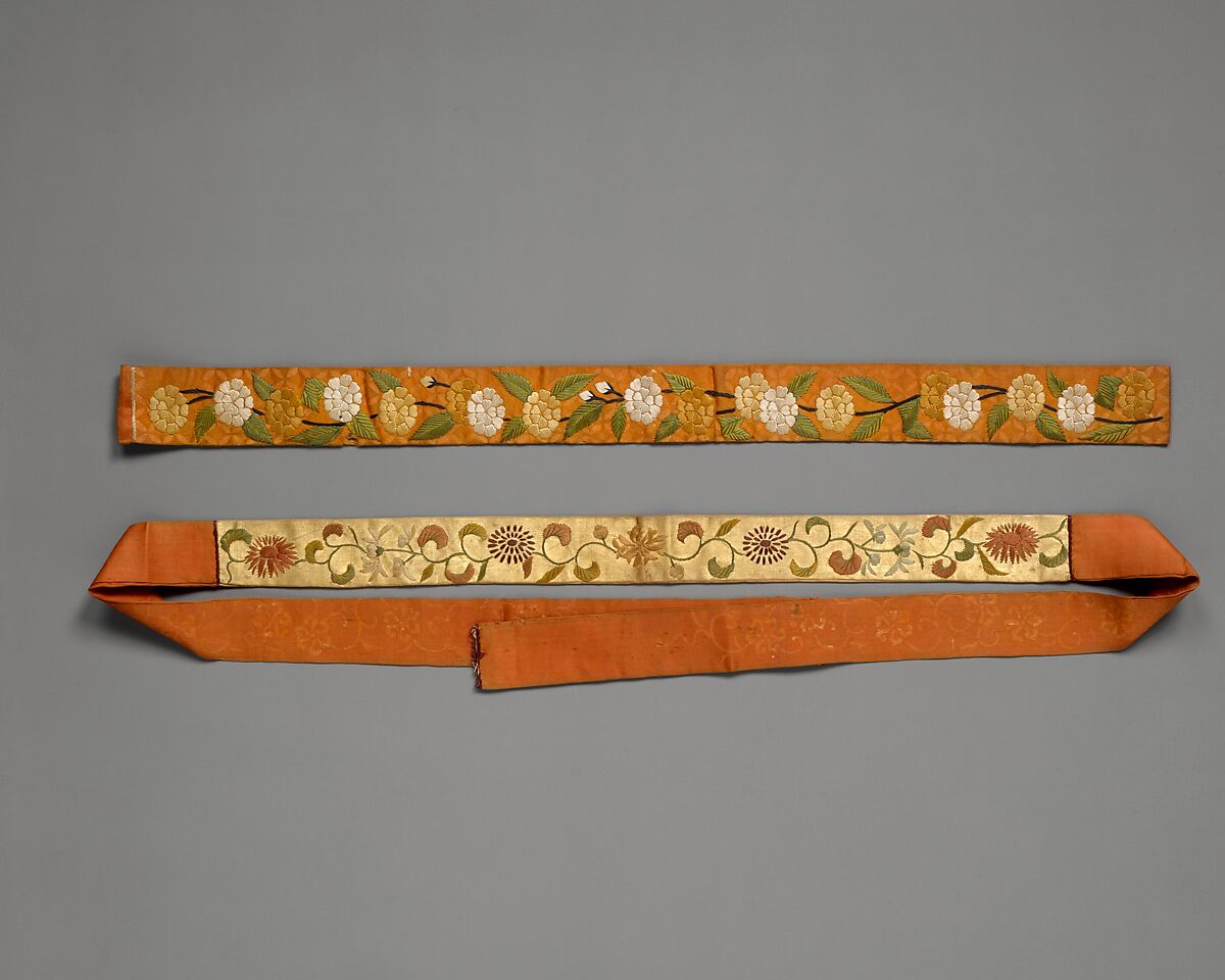 Brow of a Noh Wig Band (Kazura-obi), Embroidered chrysanthemum scroll on gold (dohaku) silk satin ground, clematis scroll on gold leaf (surihaku) on silk satin, Japan 