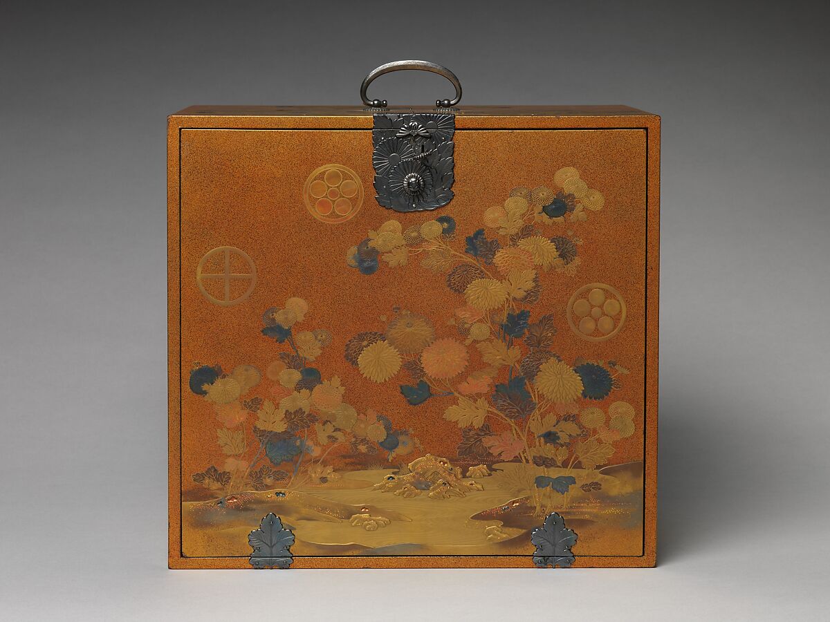 Cabinet with Design of Chrysanthemum by a Stream, Gold and silver maki-e on lacquered wood with metal fittings, Japan