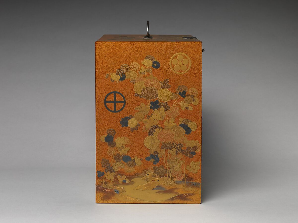 Cabinet with Design of Chrysanthemum by a Stream, Gold and silver maki-e on lacquered wood with metal fittings, Japan
