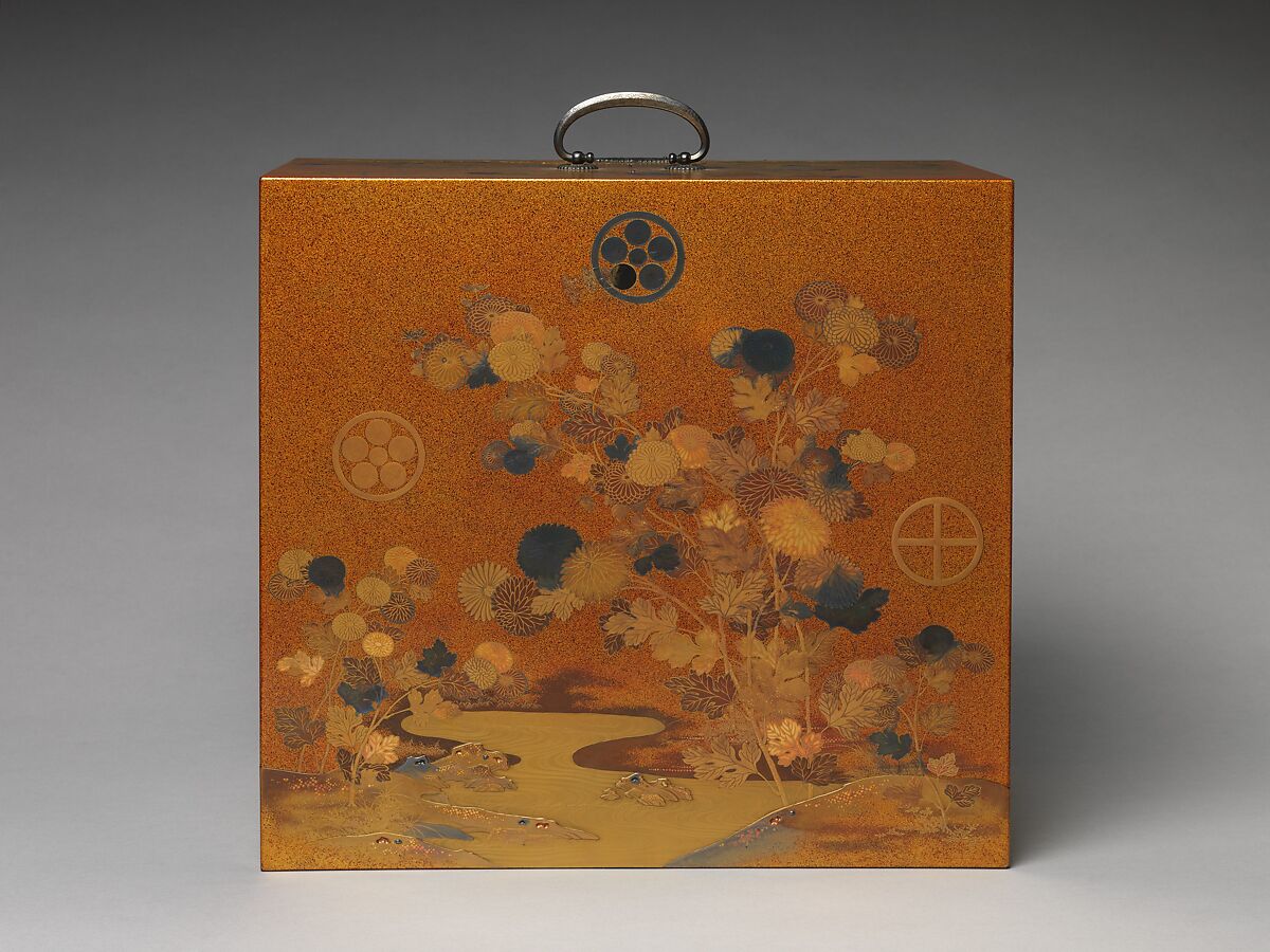Cabinet with Design of Chrysanthemum by a Stream, Gold and silver maki-e on lacquered wood with metal fittings, Japan