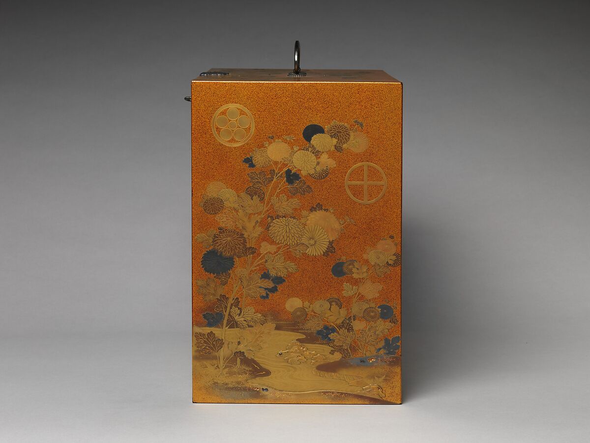 Cabinet with Design of Chrysanthemum by a Stream, Gold and silver maki-e on lacquered wood with metal fittings, Japan