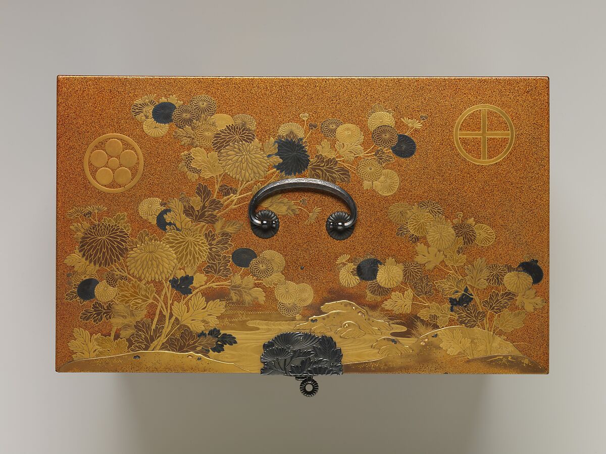 Cabinet with Design of Chrysanthemum by a Stream, Gold and silver maki-e on lacquered wood with metal fittings, Japan