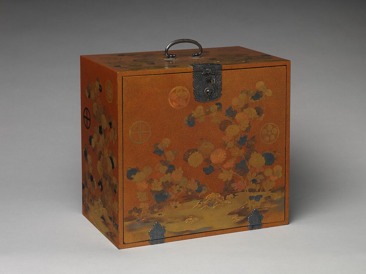 Cabinet with Design of Chrysanthemum by a Stream, Gold and silver maki-e on lacquered wood with metal fittings, Japan 