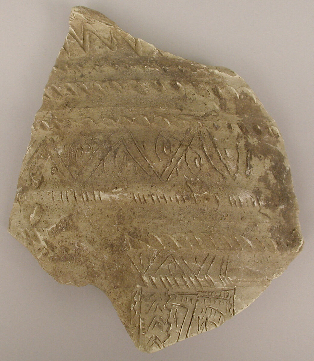 Fragment, Earthenware; incised, molded, and glazed 