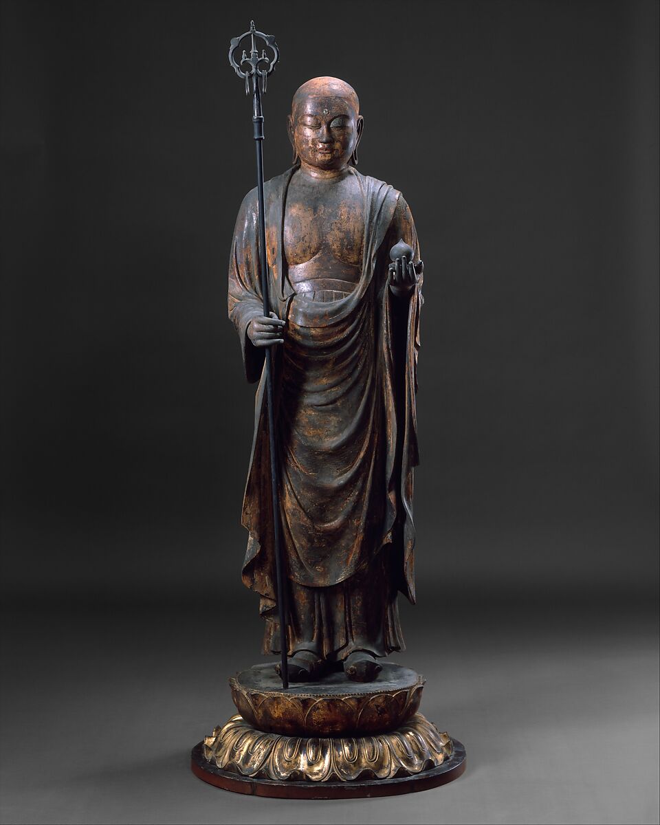 Jizō, Bodhisattva of the Earth Store (Kshitigarbha), Wood with lacquer, pigment, and cut gold, Japan 