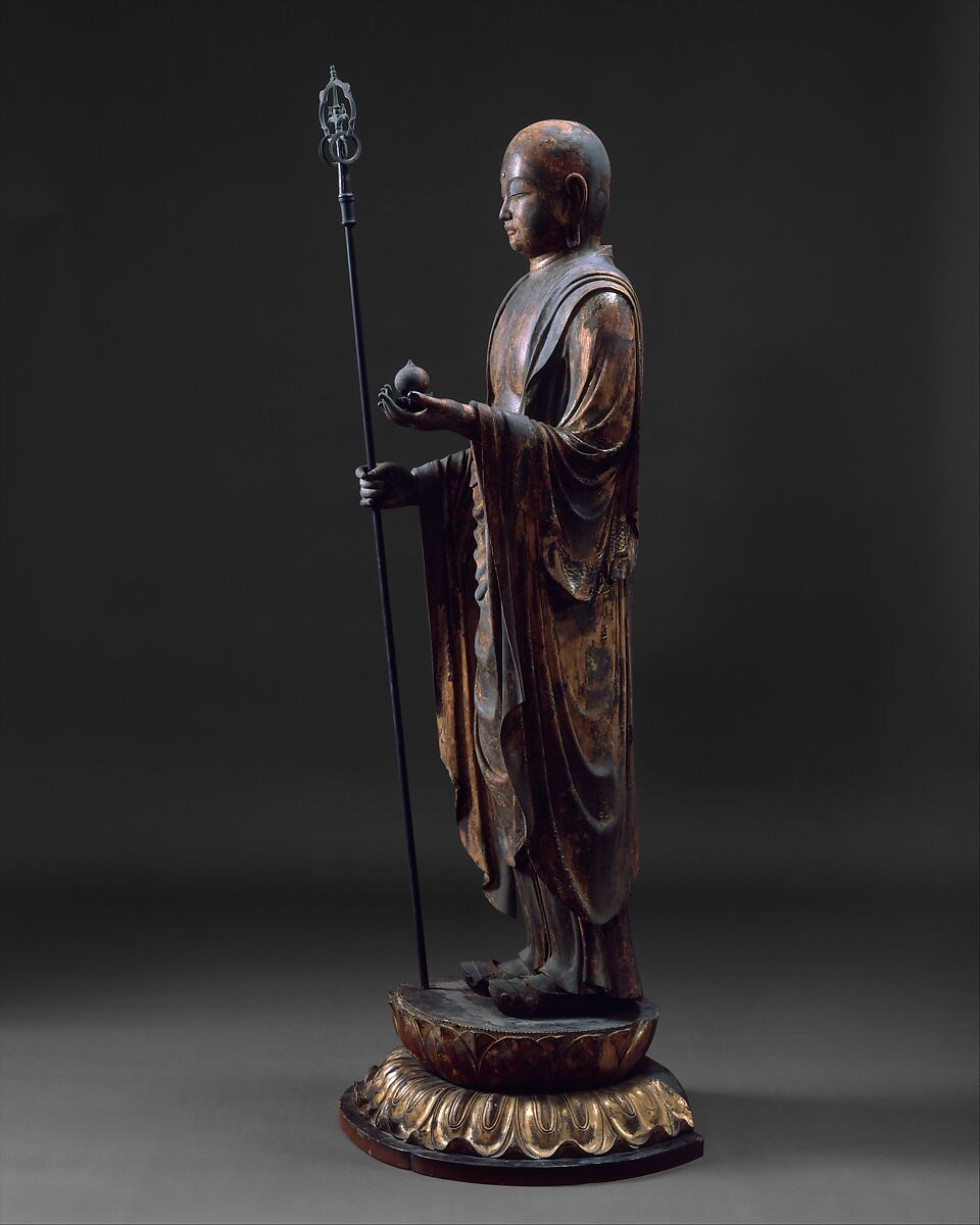 Jizō, the Bodhisattva of the Earth Store, Wood with lacquer, gold leaf, cut gold leaf (kirikane), and color, Japan