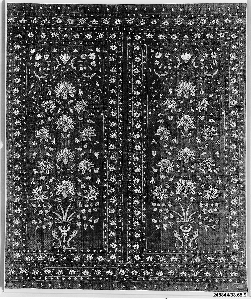 Tent Lining Fragment, Cotton, silk; plain weave, embroidered, quilted