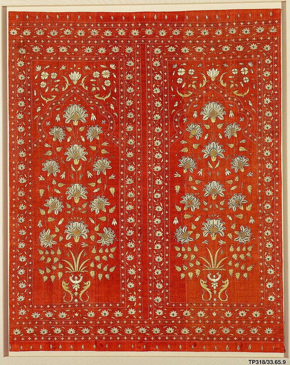 Tent Lining Fragment, Cotton, silk; plain weave, embroidered, quilted