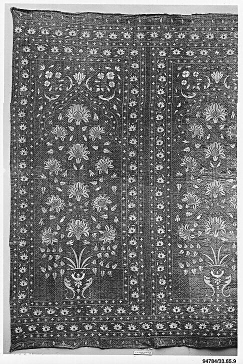 Tent Lining Fragment, Cotton, silk; plain weave, embroidered, quilted