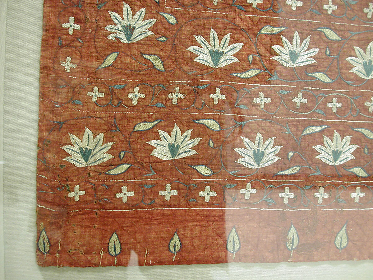 Tent Lining Fragment, Cotton, silk; plain weave, embroidered, quilted