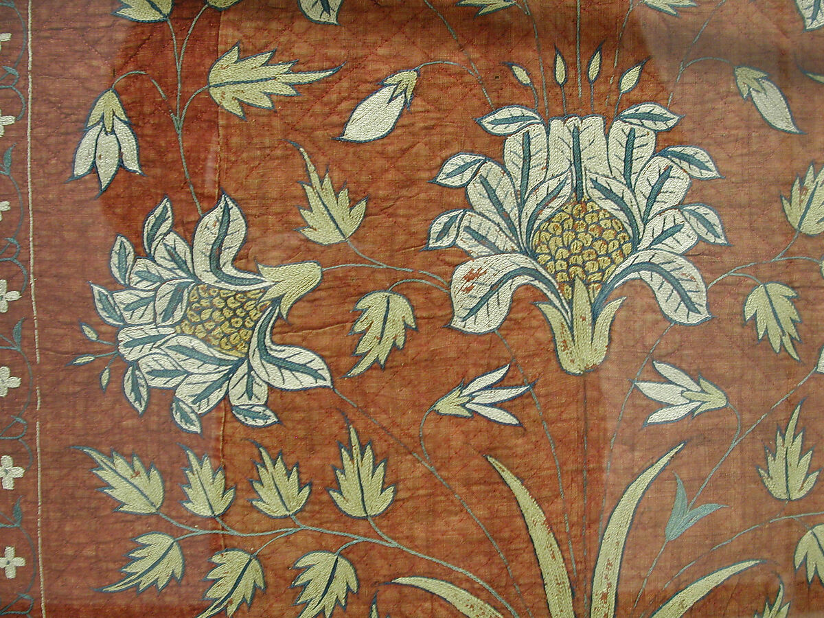 Tent Lining Fragment, Cotton, silk; plain weave, embroidered, quilted