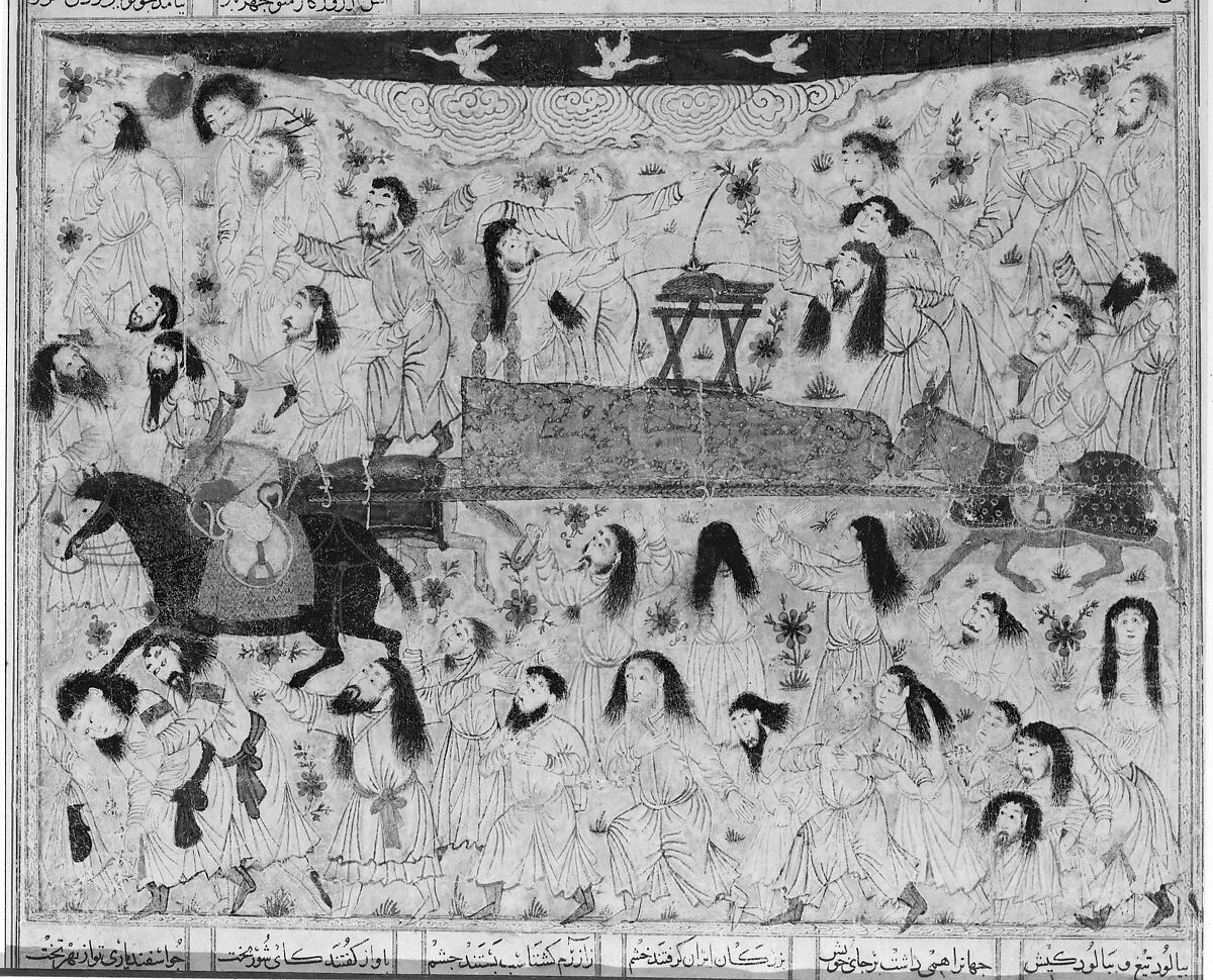 "The Funeral of Isfandiyar," Folio from a Shahnama (Book of Kings), Abu'l Qasim Firdausi (Iranian, Paj ca. 940/41–1020 Tus), Ink, opaque watercolor, and gold on paper