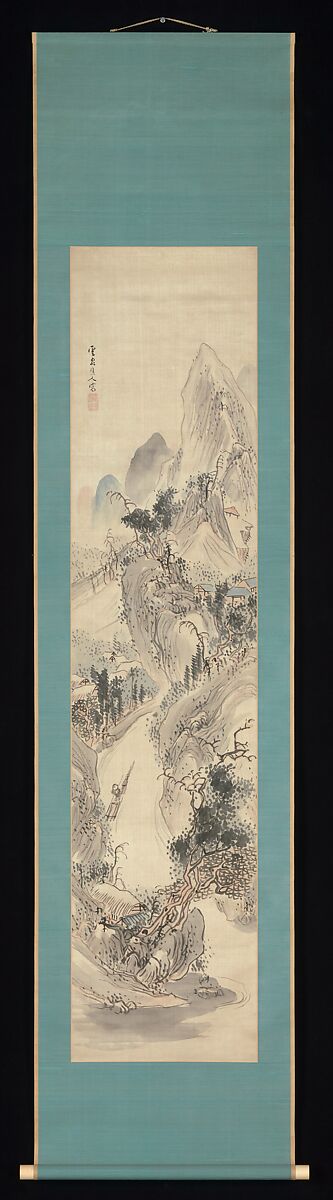 Landscape, Kushiro Unsen (Japanese, 1759–1811), Hanging scroll; ink and color on satin, Japan